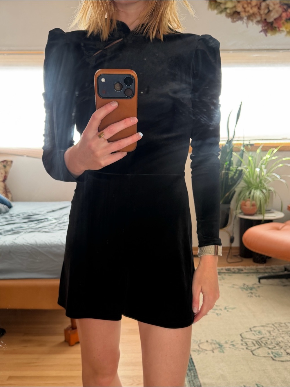 Topshop Velvet Black Long-Sleeve Romper with Asian Clasp Design and Open Back